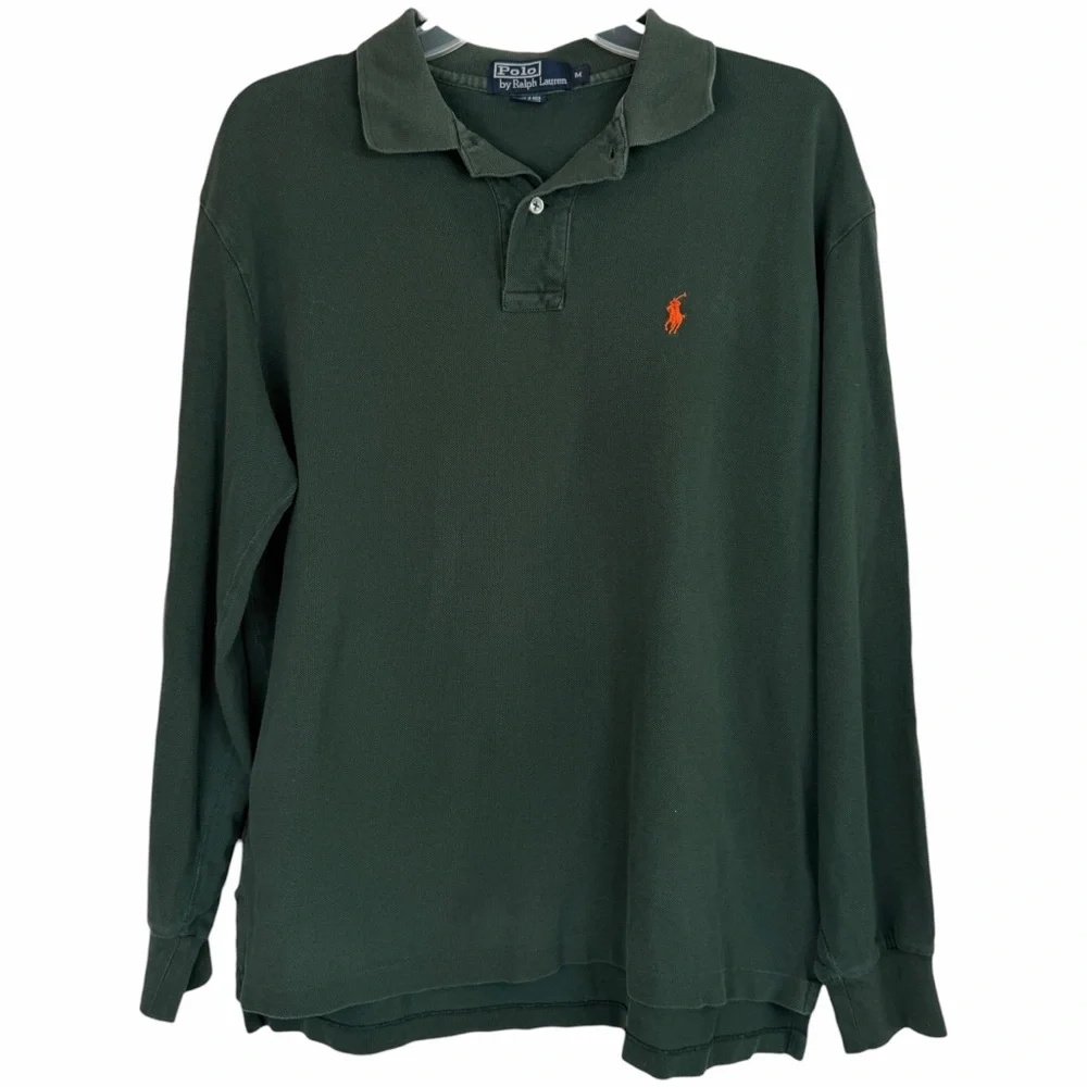 Polo Ralph Lauren Hunter Green Long Sleeve Vintage Cotton Polo Shirt size Medium - Picture 4 of 7